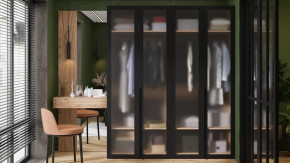 Спальный гарнитур «Порто» №4 Яблоня Беллуно/Графит/Стекло сатин черное в Кургане - kurgan.mebel-tymen.ru | фото